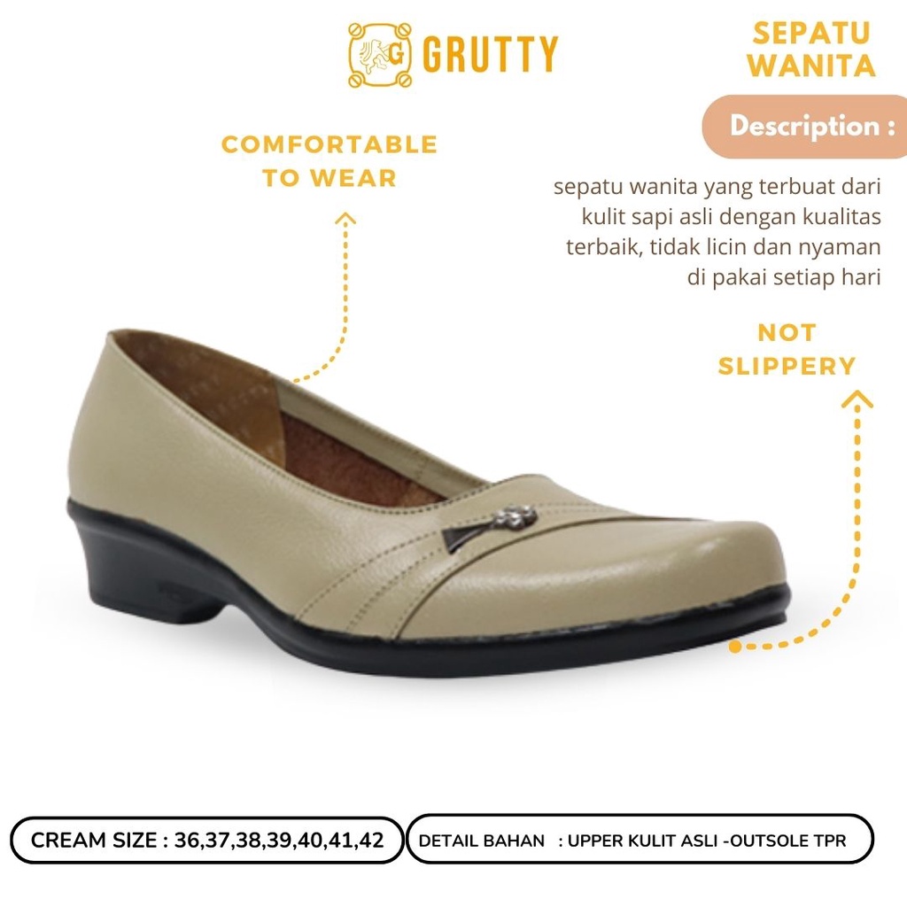 Grutty Sepatu Wanita Kerja Asli Kulit Pantofel Wanita Ready Big Size Warna Cream