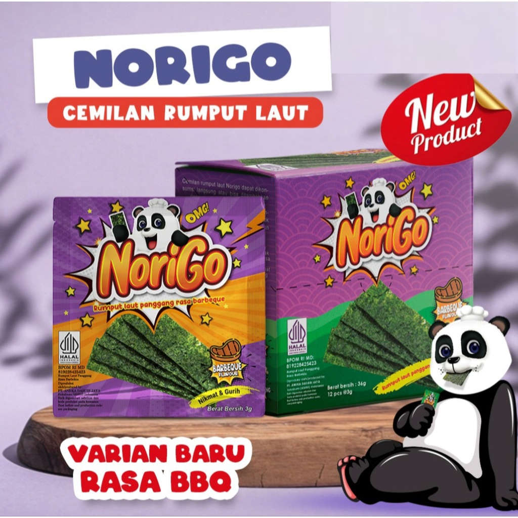 

Norigo (1 BOX ISI 12 PCS) / Nori Sachet Seaweed Snack 3g Rumput Laut Halal Rasa Barbeque