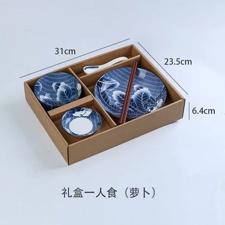 Piring Set Keramik 3In1 Jepang Motif Antik Mangkok Dengan Sendok