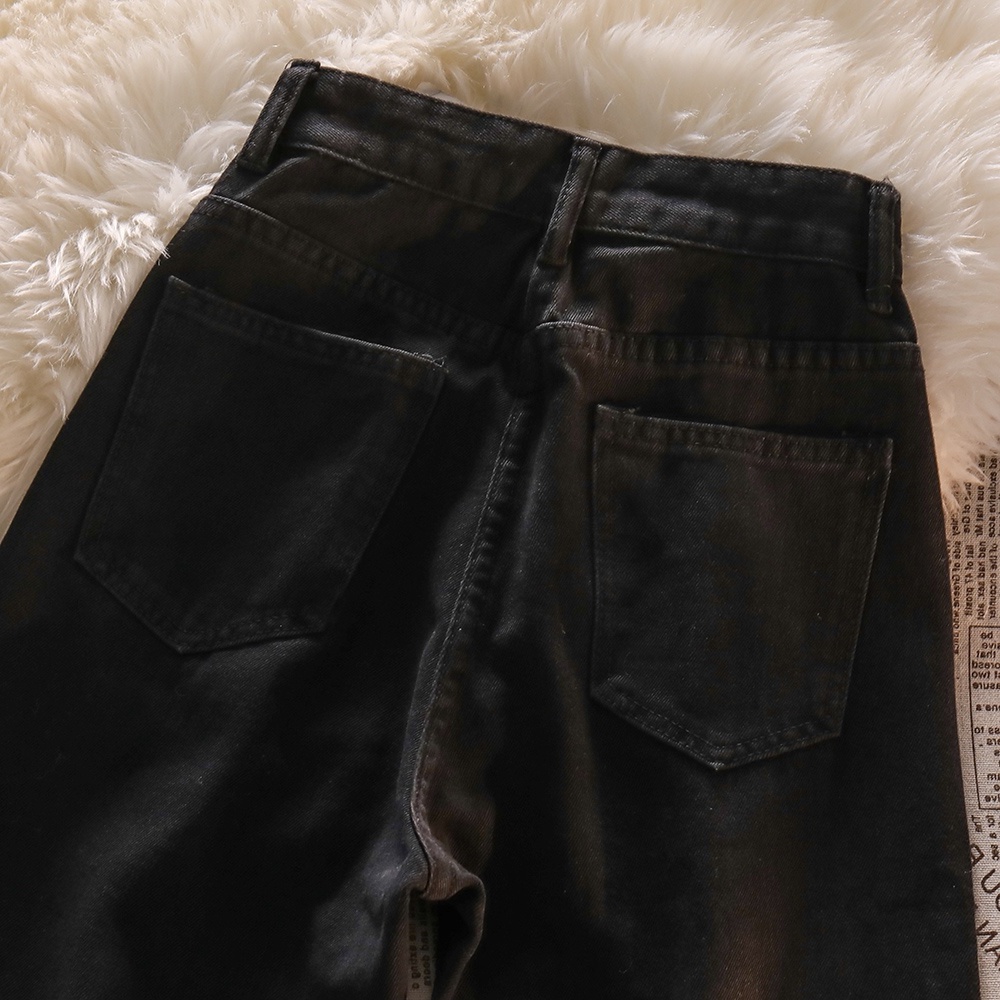 Kekinian Korean Hitam Straight Celana Jeans Panjang Wanita（Realpict）