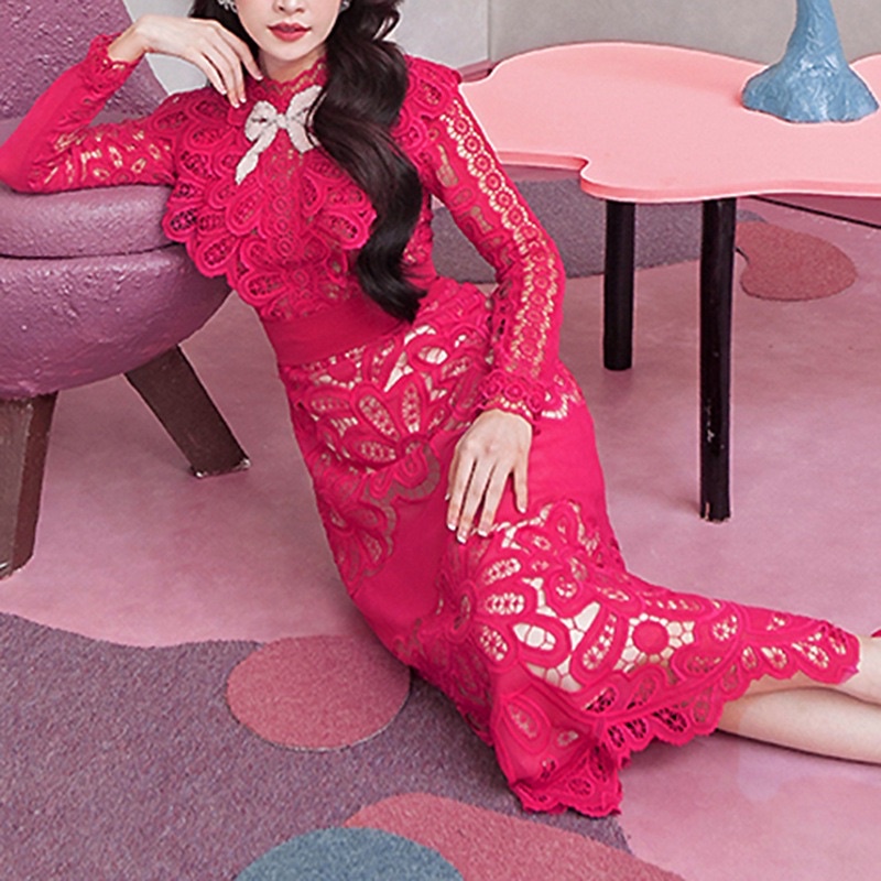 [Premium Series] Rose Pink Lace Brocade Dress Import Premium