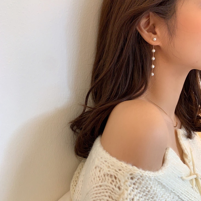 Fancyqube Anting Tusuk Gantung Panjang Wanita Desain Bulan Bintang Bunga Hias Mutiara Berlian Imitasi