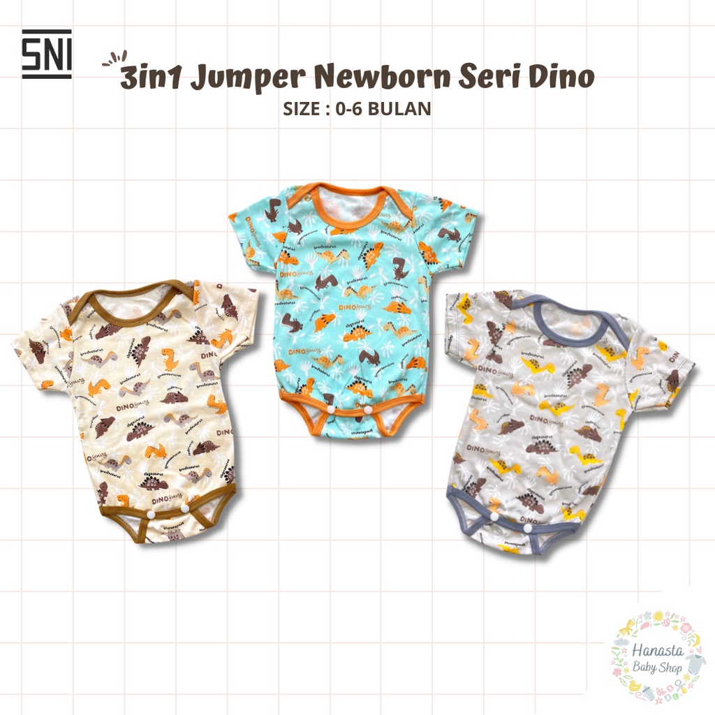 Jumper Bayi 3in1 Lengan Pendek Jumpsuit Newborn 0-6 Bulan Seri Dino