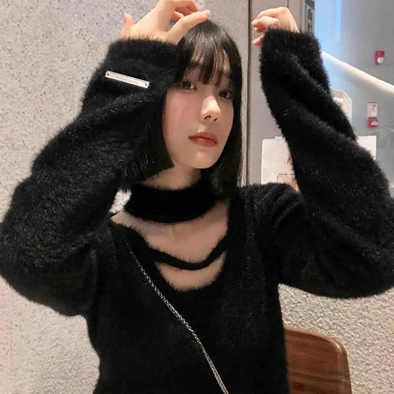 Red Ketan lembut sweater pendek wanita musim gugur dan musim dingin ceruk desain keinginan murni menggantung leher top longgar pakaian luar rajutan atasan lengan panjang