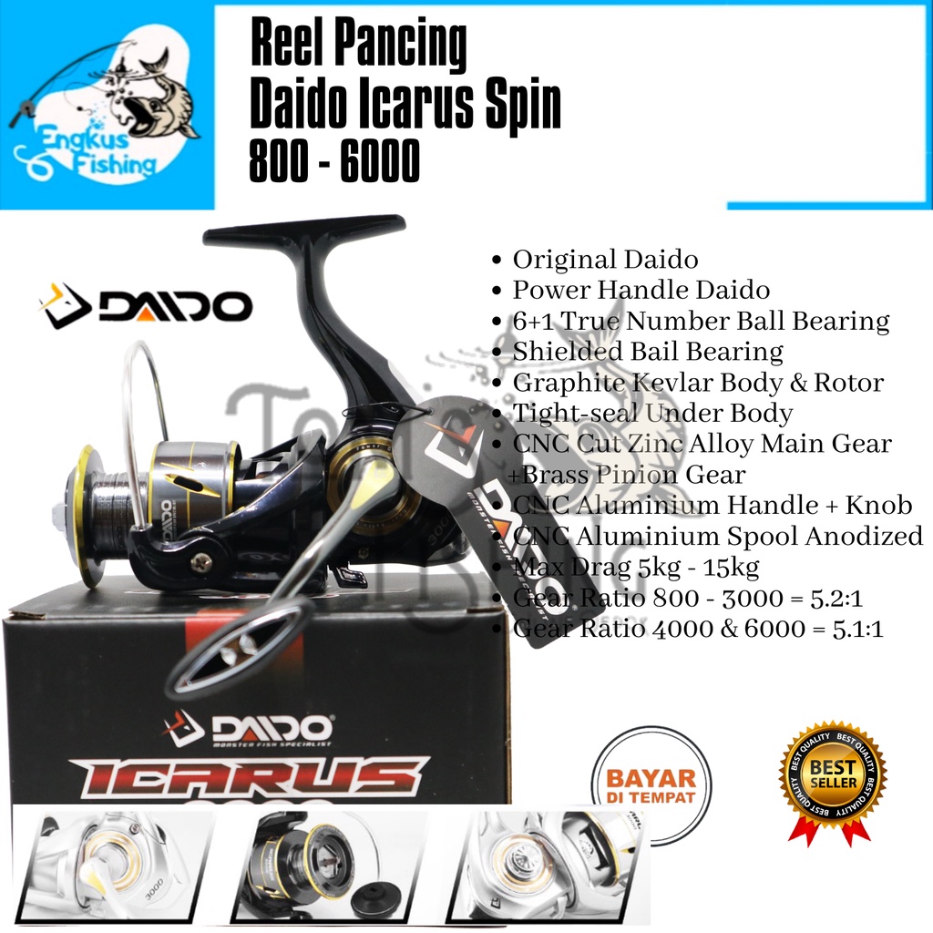 Reel Pancing Daido Icarus Spin 800 - 6000 (6+1 Bearing) Power Handle Full Seal Bearing -  Engkus Fishing