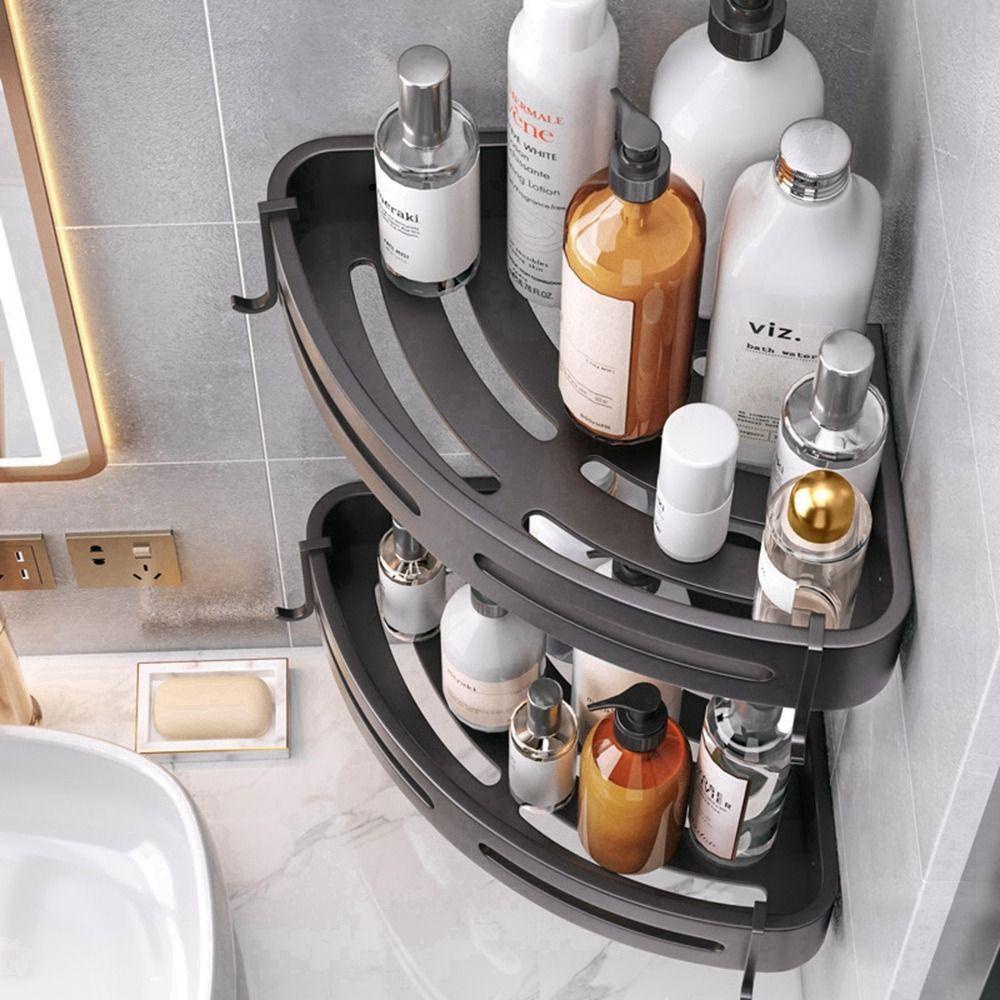 [Elegan] Rak Kamar Mandi Aluminium Hitam Multilayer Yang Dipasang Di Dinding Bebas Pukulan Dengan Kait Toilet Organizer