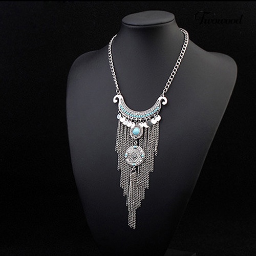 Kalung Rantai Choker Liontin Rumbai Panjang Turquoise Bahan Alloy Gaya Bohemian Untuk Wanita