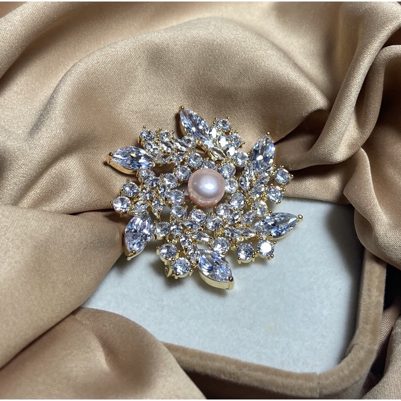 Bros rhodium lapis emas mutiara air tawar asli lombok bersertifikat Aksesoris mutiara lombok Aksesor