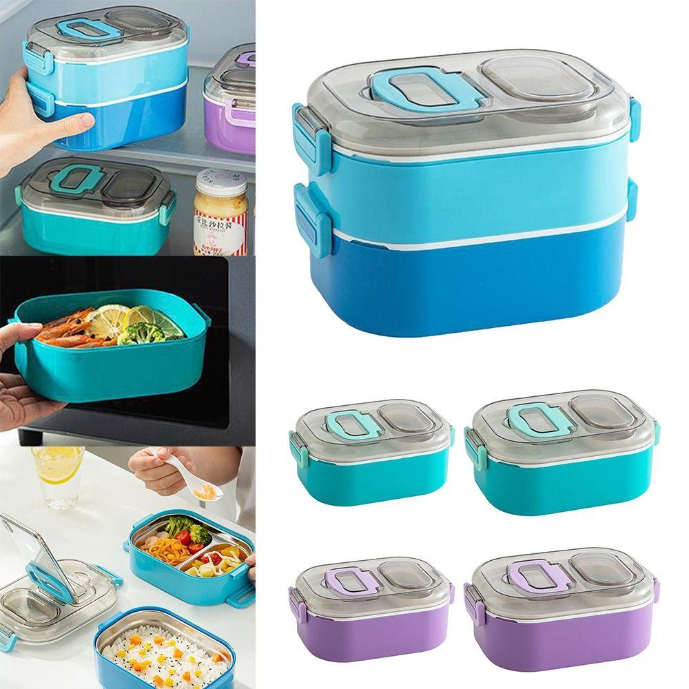 Solighter Lunch Box Microwavable Persegi Panjang Grid Dengan Sendok Wadah Makanan