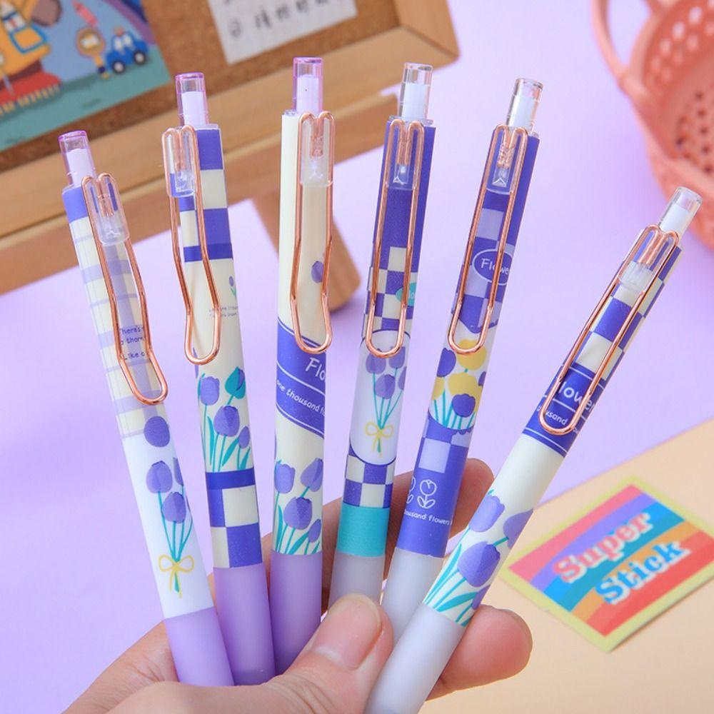 Nanas 6PCS/Set Pena Gel Kartun Mutil-styles Dengan Klip Alat Tulisan Tinta Hitam Tulip Signature Pen