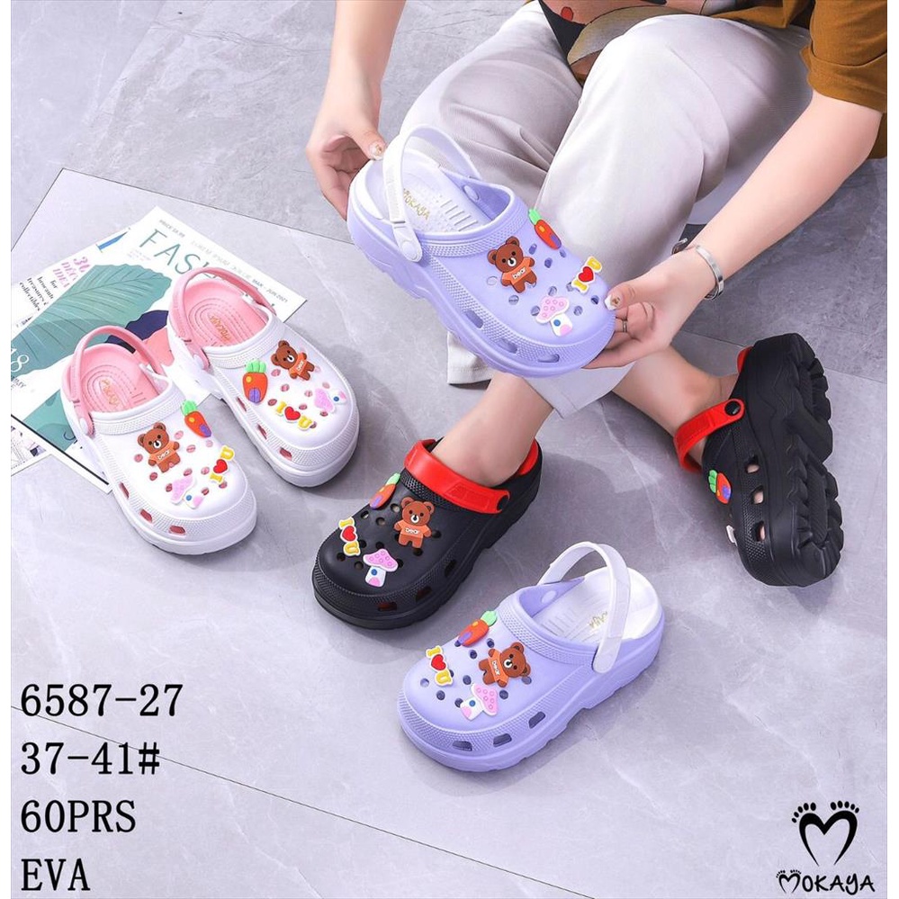 Sandal Crocs Let Bakpao Kodok Wanita Baim Fuji Mainan Jibbitz Bear Carrot I Love U Platform Tebal Super Cute Pretty Empuk Kekinian Import Mokaya / Size 37-41 (6587-27)