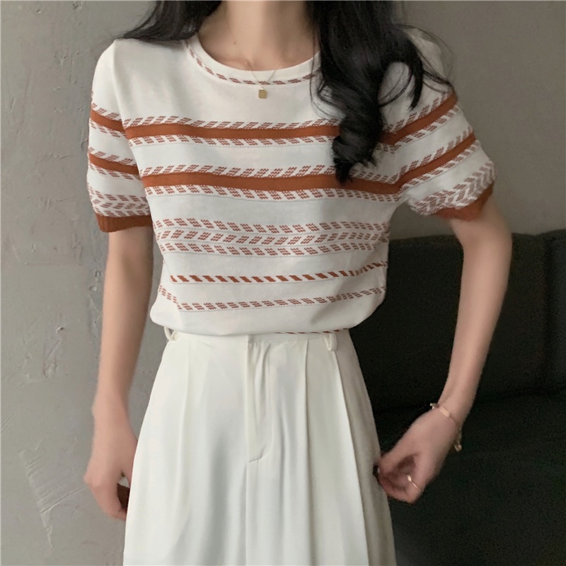 [3 warna]Kaos Rajut Lengan Pendek Wanita Atasan Knit  Korean Style