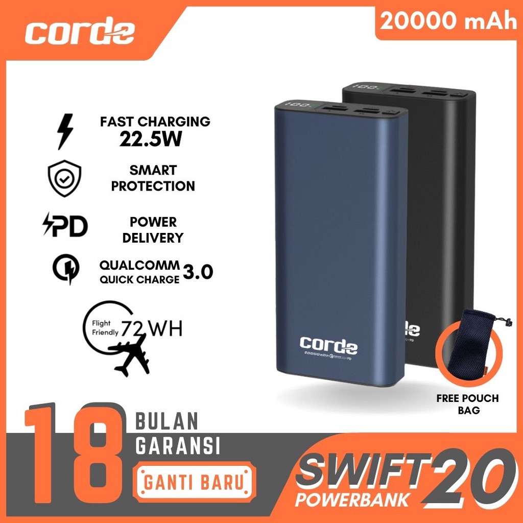 CORDE Swift20 POWERBANK 20000mAh Fast Charging 22.5W PD+QC3.0