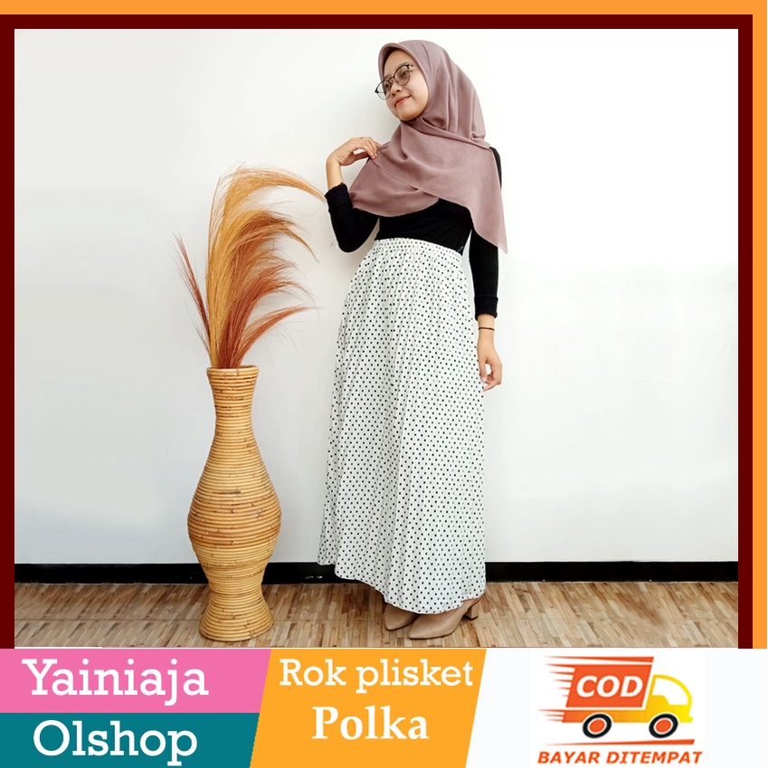 Rok panjang Plisket motif Polkadot