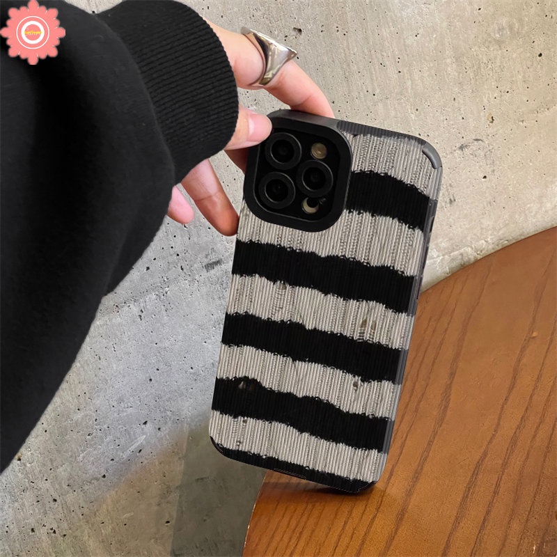 Soft Case Silikon Tekstur Kulit Garis Hitam Putih Tahan Banting Untuk iPhone 11 14 13 12 Pro Max 7Plus XR X XS Max 7 8 Plus