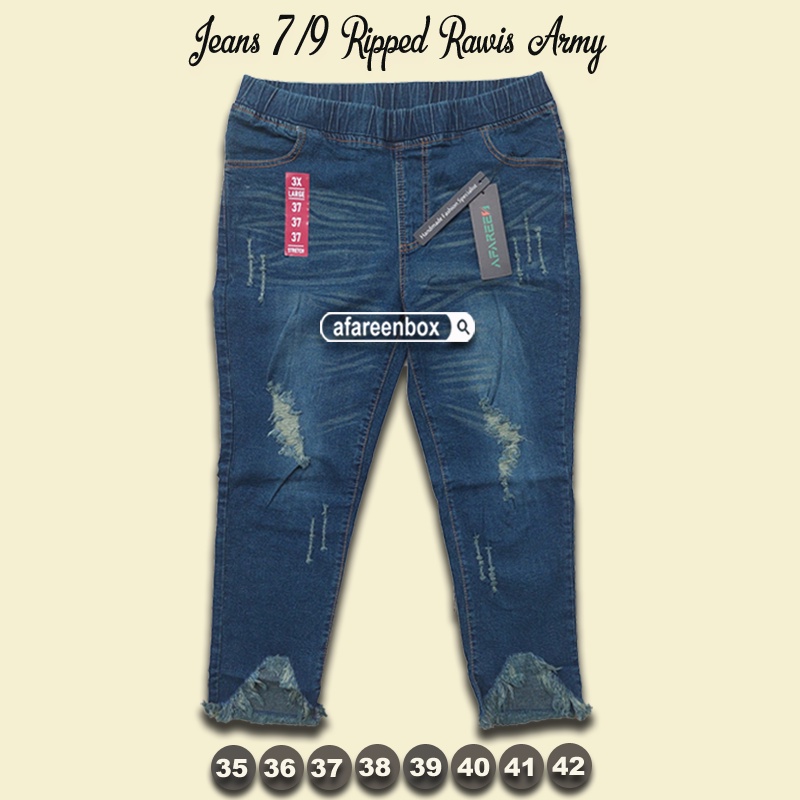 AFAREEN - Celana Jeans Wanita 7/9 Ripped Rawis Legging Jeans Jumbo Pinggang Karet Stretch Melar 35-42
