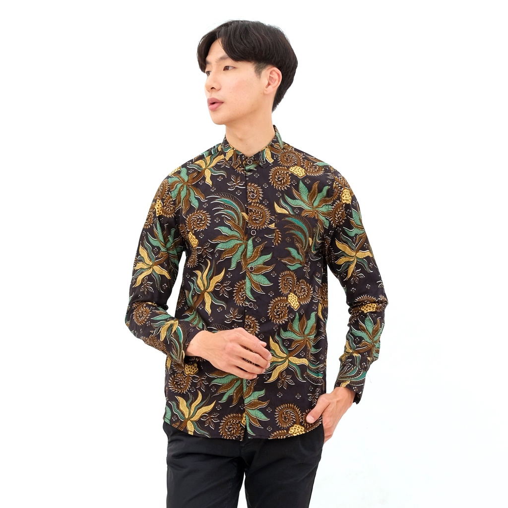 SANVANINA Kemeja Batik Pria Premium Slim Fit Motif Daun - Batik Petaling E-6005