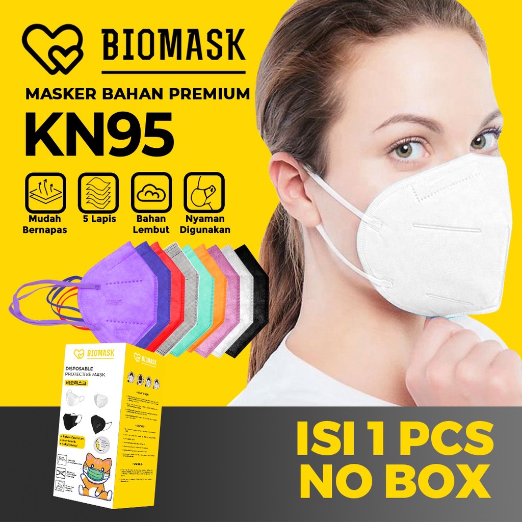 [Ingatkan Diskon] BIOMASK - Masker KN95 5 PLY - 1 Pcs Earloop Disposable Mask KN 95 N95 - Hitam / Pu