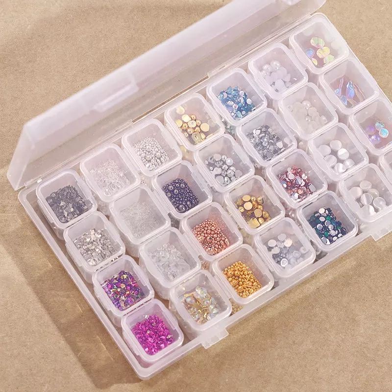 48Pcs Mixed Glitter Topping Nail Art 28Grids Set Pearl Hiasan Bentuk Nail Art Rhinestone Storage Kotak Penyimpanan Aksesoris Manik Kuku Sequin Resin Hiasan Kuku Pallet Nail Polish