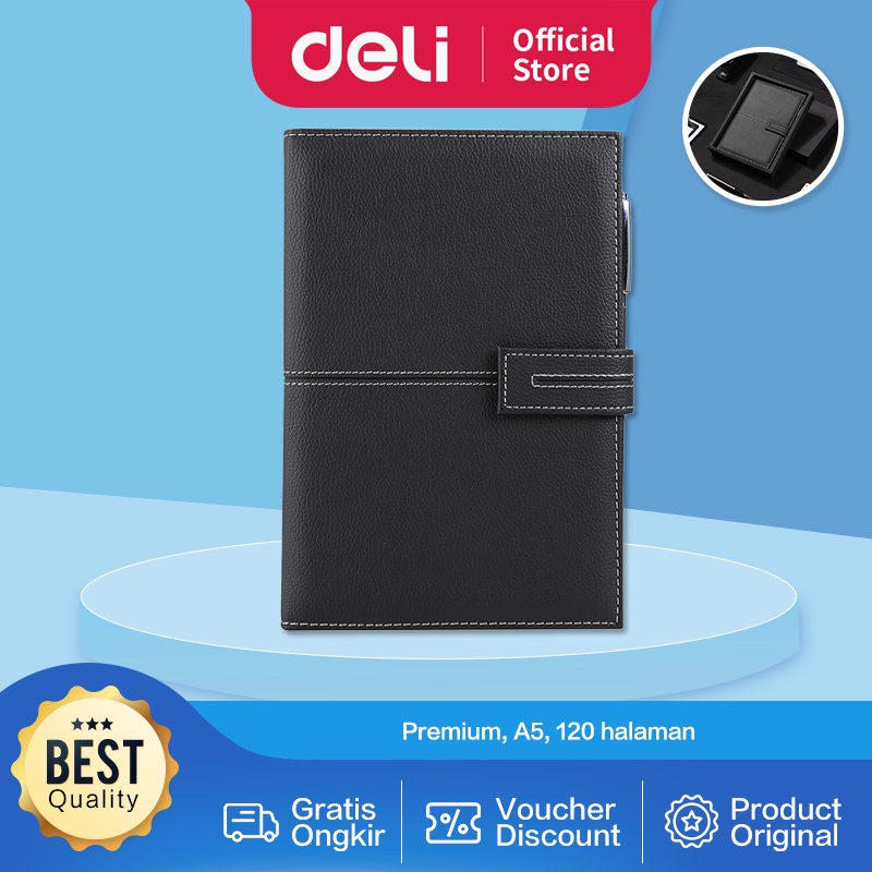 Deli Leather Cover Notebook Gift Set / Buku Catatan  /  Agenda Sampul Kulit A5 120 Lembar Pulpen Gel Premium EN139L