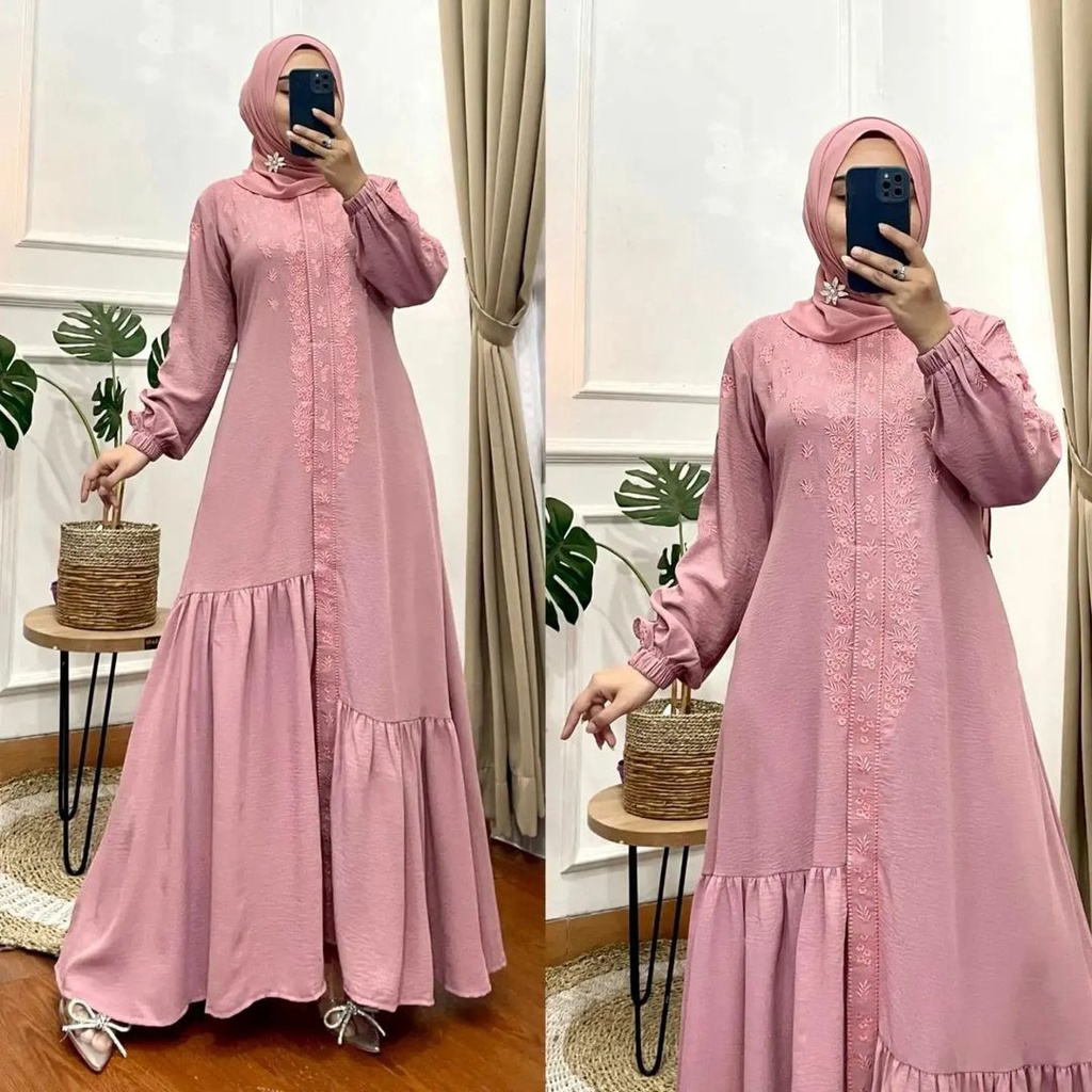 Elbina Dress Gamis Crincle Mix Bordir Premium LD 110 Dress Wanita Muslimah Kekinian Dress Viral OOTD Outfit Wanita Mewah Style Wanita Modis FASHION  Muslimah