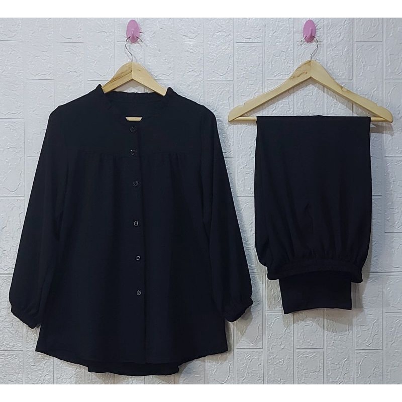 ONE SET RAYON CRINKLE AIRFLOW SETELAN // SETELAN RAYON CRINKLE AIRFLOW// DRESS RAYON // SETELAN RAYON  //BUSUI FRIENDLY//PIYAMA//PREMIUM//HOMEY//BUSUI-Hitam
