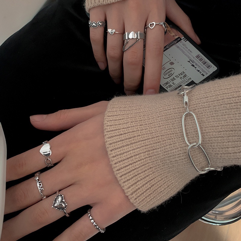 5pcs / Set Cincin Jari Bentuk Hati Geometris Warna Silver Gaya Punk Untuk Perhiasan