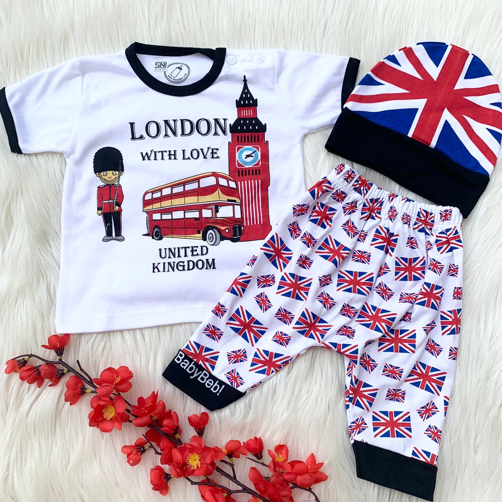Baju setelan kaos celana topi bayi london casual lucu bestseller fashion anak bayi cowok laki murah