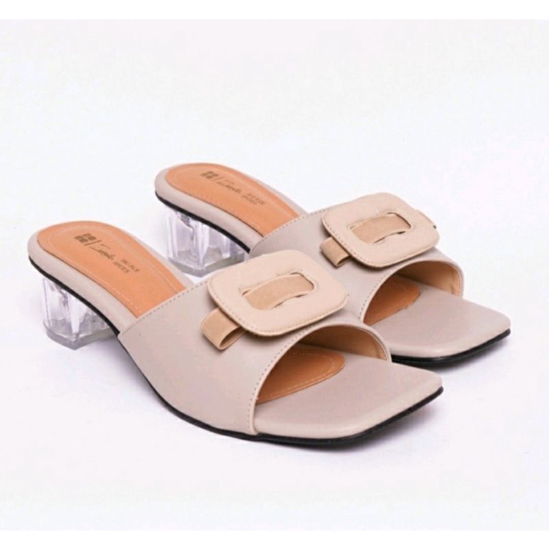 Sepatu Higheels Oversize Wanita 41.45 Slop Kaca Size JUMBO MK-179Krem Heels Pesta Cantik Empuk Original