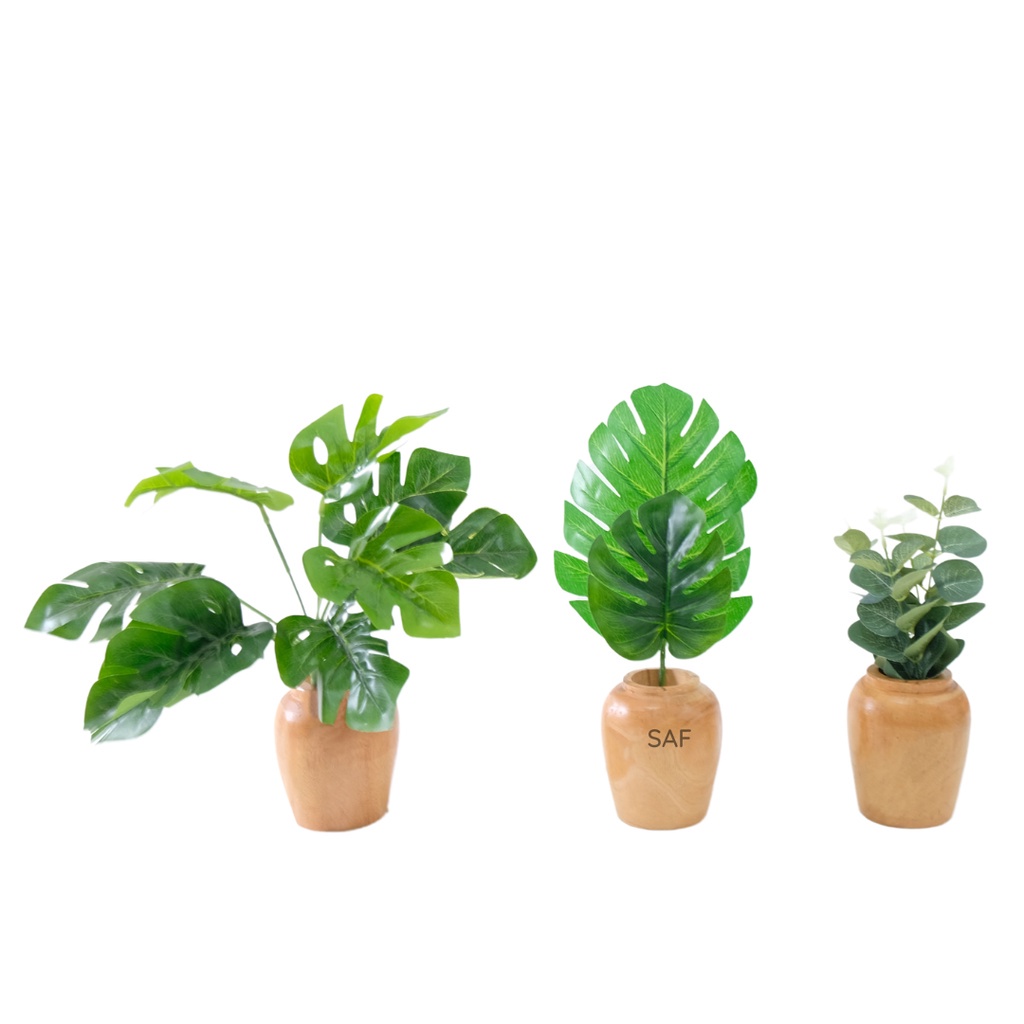 SAF Vas Bunga Paket Vas Bunga Guci Kayu dan Bunga Artificial Monstera untuk Dekorasi Meja Bunga Guci