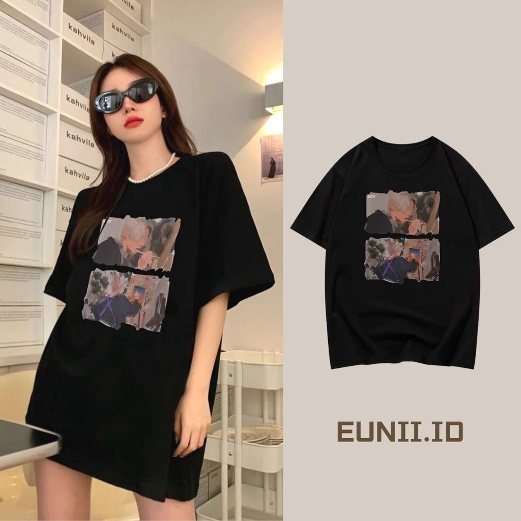 EUNII T-shirt Lengan Pendek Oil Painting Boy Korean Style/Kaos Atasan Wanita/Baju Kaus Oversize Wanita