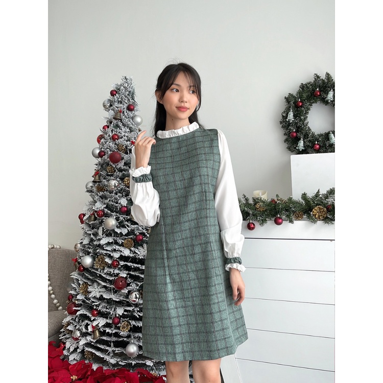 D-0189 Dress Tweed Korea Frill Neck