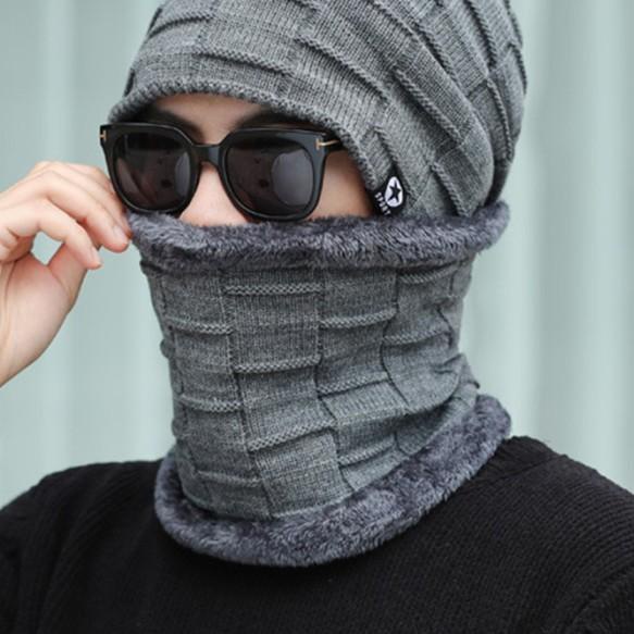 Set Topi Kupluk Tebal Bulu Rajut Scarf Hat Kupluk Bintang Satu Set - Hitam