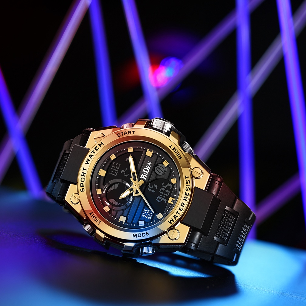 BIDEN Jam Tangan Pria Olahraga Militer Anti Air Luminous Analog&Digital Tali Silikon Multifungsi Jam Tangan Cowok Original-8