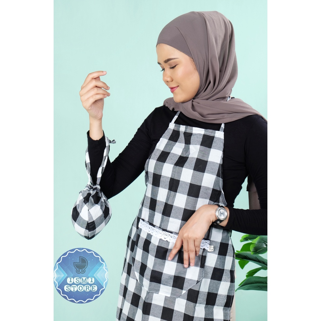 APRON / CELEMEK MASAK Motif Kotak-Kotak Gingham Ala Korea Kain Katun Ada Saku Depan Berhias Renda (A1)