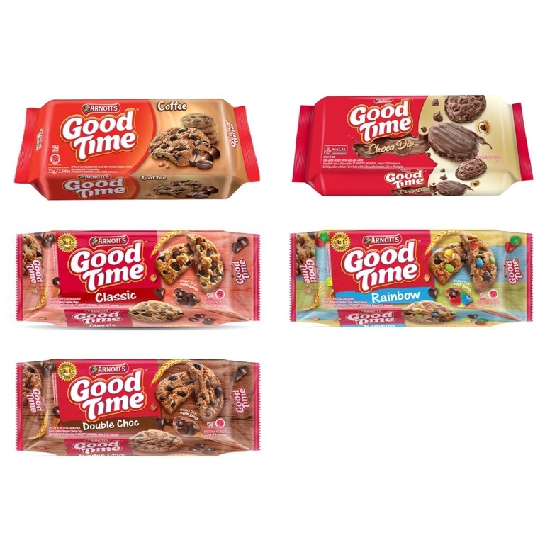 

biskuit good time classic, coffee, choco dip, rainbow, double coklat