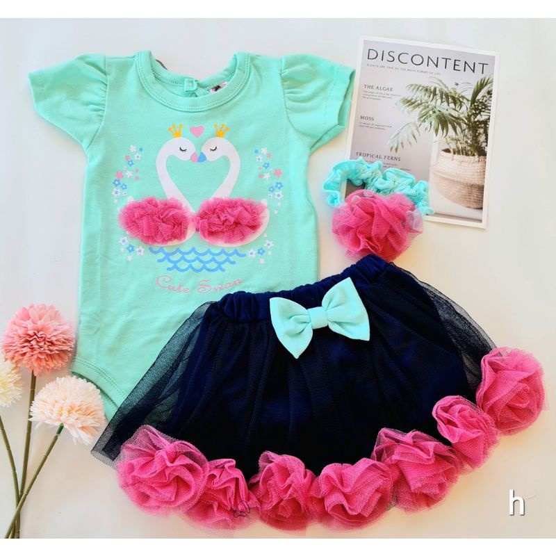 SETELAN BAJU BAYI PEREMPUAN 0-18 BULAN / SET JUMPER ROK TUTU FREE BANDO ANGSA / SETELAN BAJU BAYI CEWEK LUCU / SETELAN ROK TUTU ANGSA BAYI