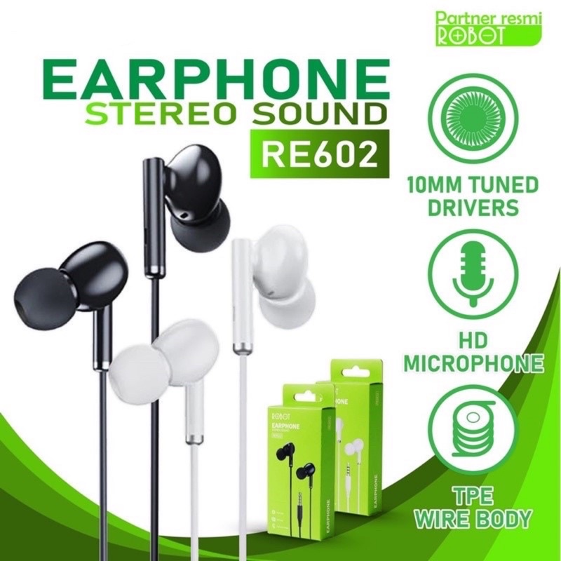 Robot Wired Headset RE602 Handsfree Super Bass Earphone Garansi Original Resmi