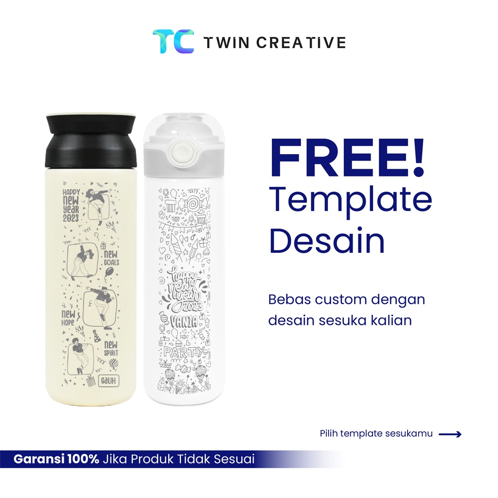 Hadiah Botol Minum Custom Nama Termos Stainless Hampers Tahun Baru - Tumbler Grafir Happy New Year