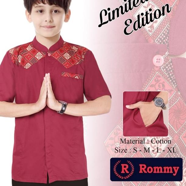 Kemeja / Baju Koko Muslim Anak - Biru Dongker Kombinasi Batik - Hitam, 2-3 tahun