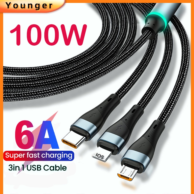 100w 3in1 Kabel Data / Charger USB Tipe C / Micro USB / Tipe-C / Lightning / Lightning / Lightning 6A / Iphone 14 / 13 / 12 Bahan Nilon Braided