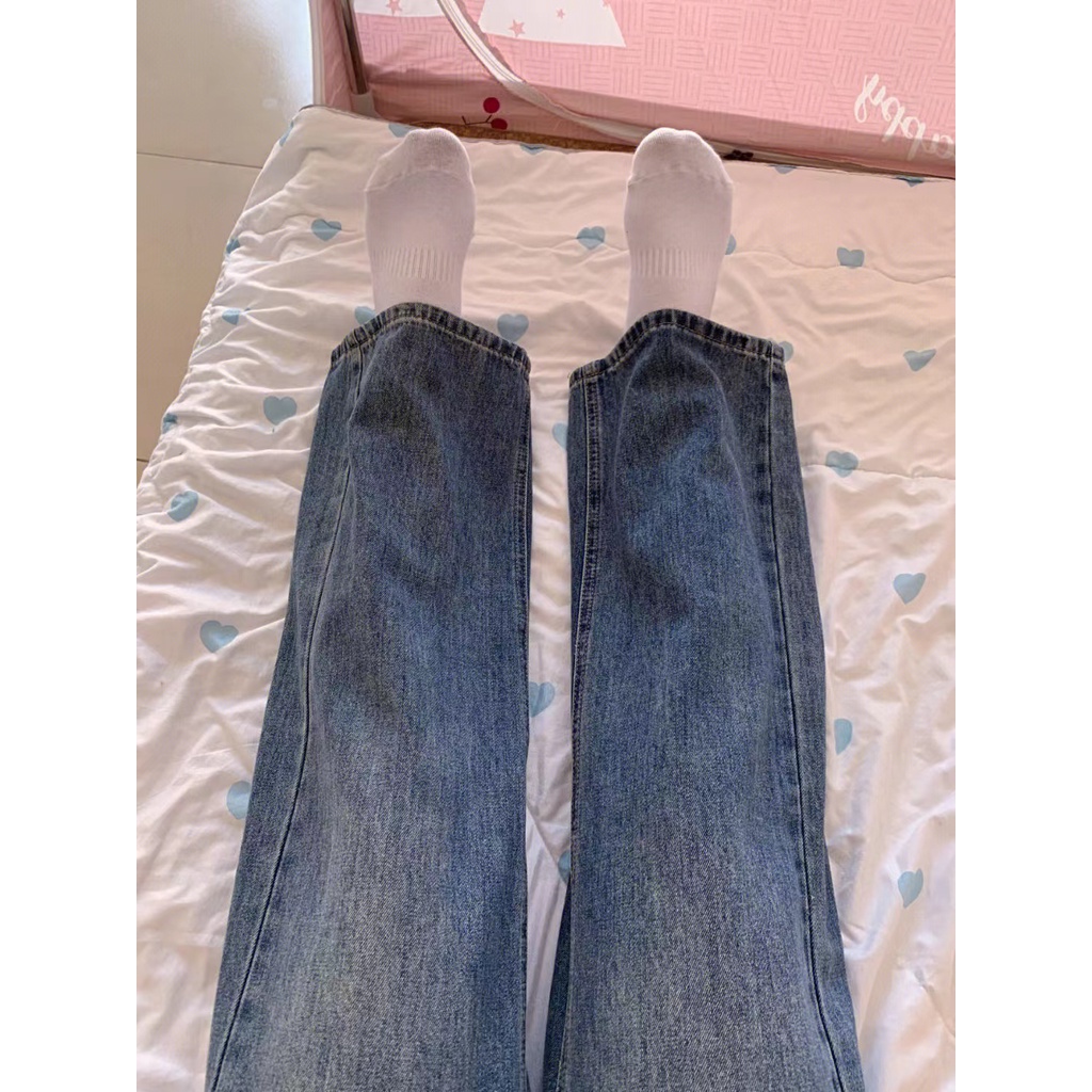 New biru high waist longgar celana jeans panjang wanita kulot