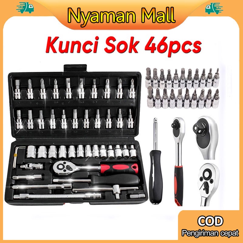 Set Kunci Sok Kunci Shock 46 pcs Mobil Motor Lengkap Socket Tool Kit set Pas Ring  Motor Mobil