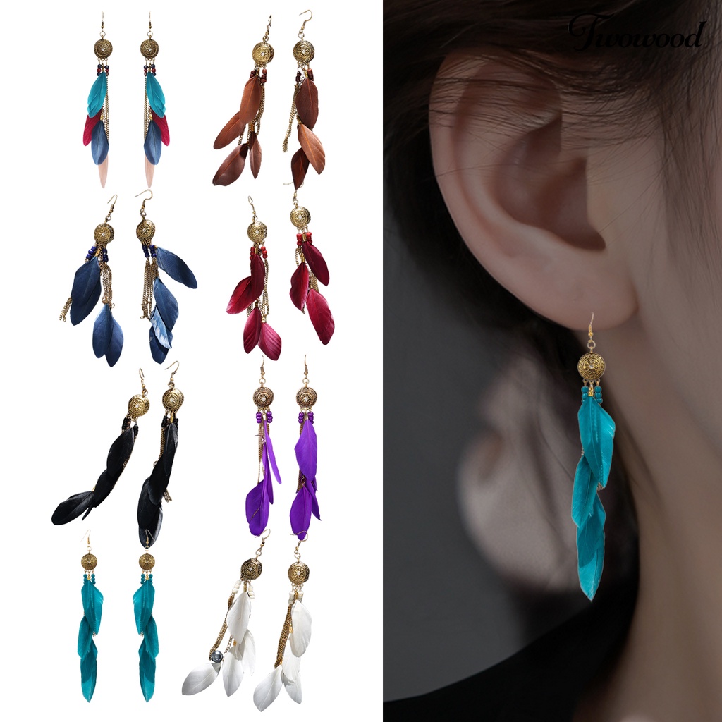 1 Pasang Anting Rantai Panjang Rumbai Bulu Electroplating Gaya Bohemian Etnik Vintage Untuk Wanita