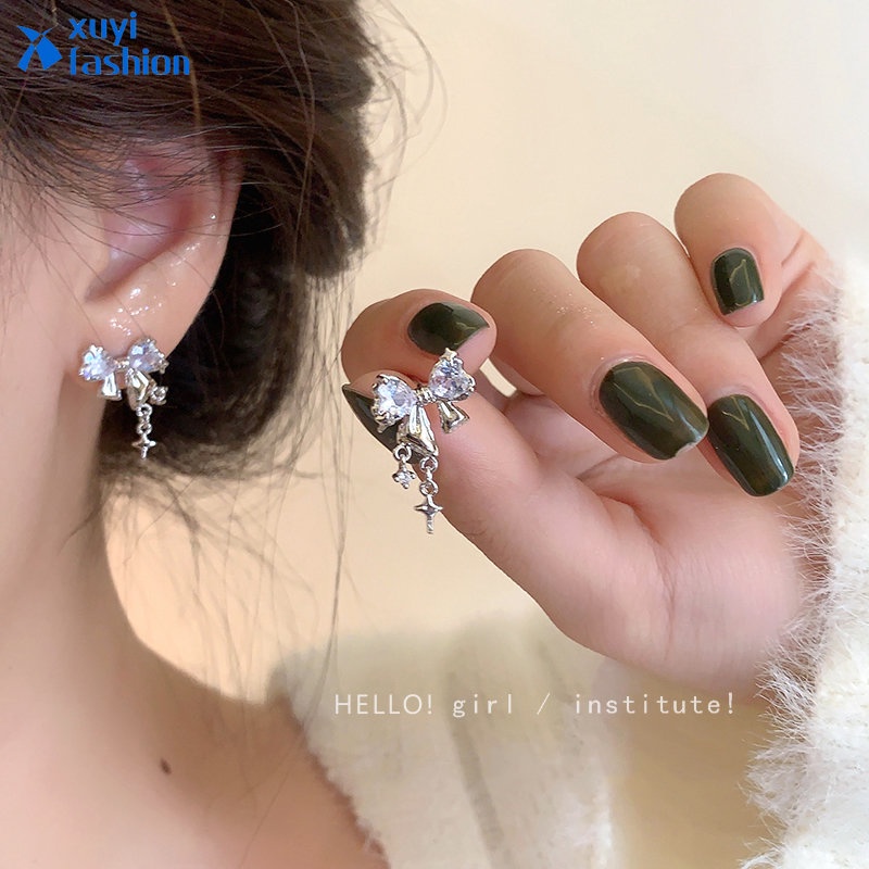 Anting Tusuk Kristal Silver Korea Lucu Bow Earring Untuk Aksesoris Perhiasan Wanita