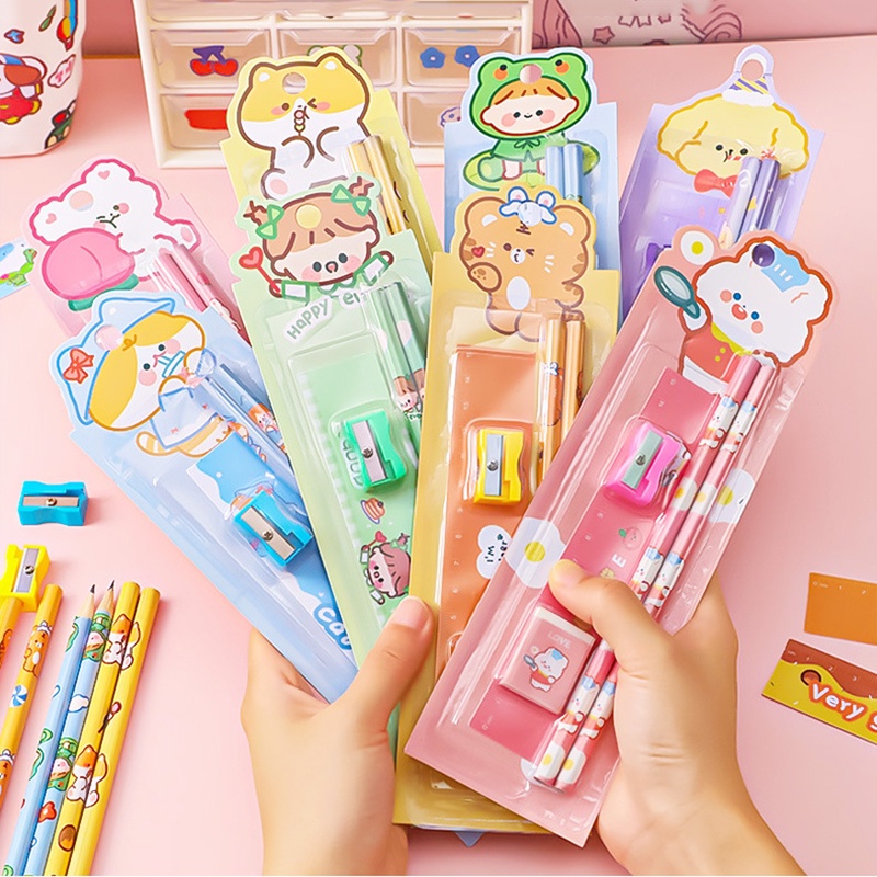 5pcs / Set Penghapus Pensil Motif Kartun Untuk Stationery Anak / Sekolah