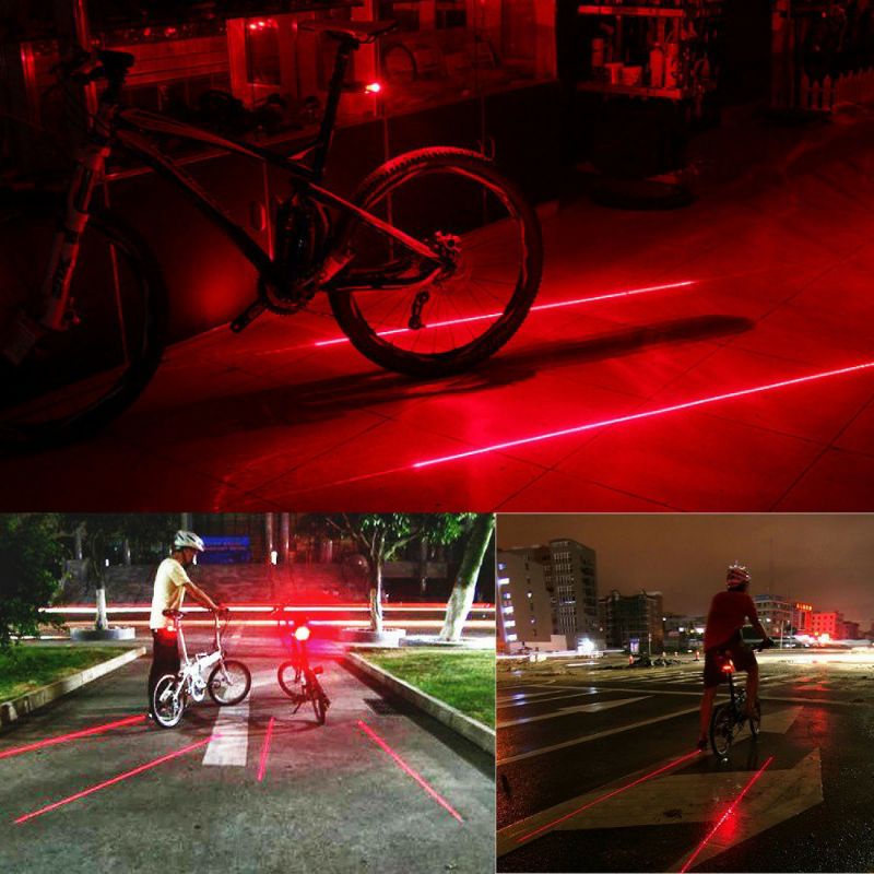 Lampu sepeda LED garis laser sorot jalan portable 2 sisi merah lampu kelap kelip hias ontel