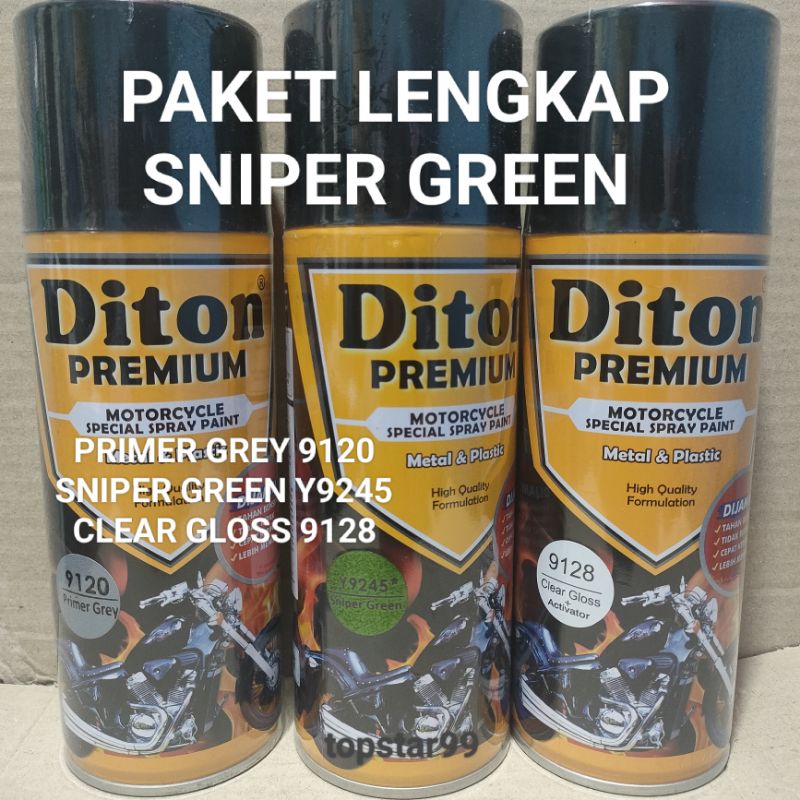 Pilok Cat Diton Premium Paket Lengkap 3 Kaleng Sniper Green Hijau Metalik Y9245 Primer Grey Epoxy 9120 Clear Glossy 9128 400cc Pilox Paketan Cat Semprot Special Spray Paint