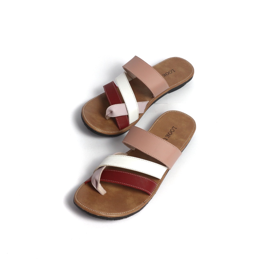 Sandal Kulit Wanita Sandal Jepit Tali Wanita Sandal Jepit Slop Slide Wanita Flat Motif Kombinasi Look Up - AURA