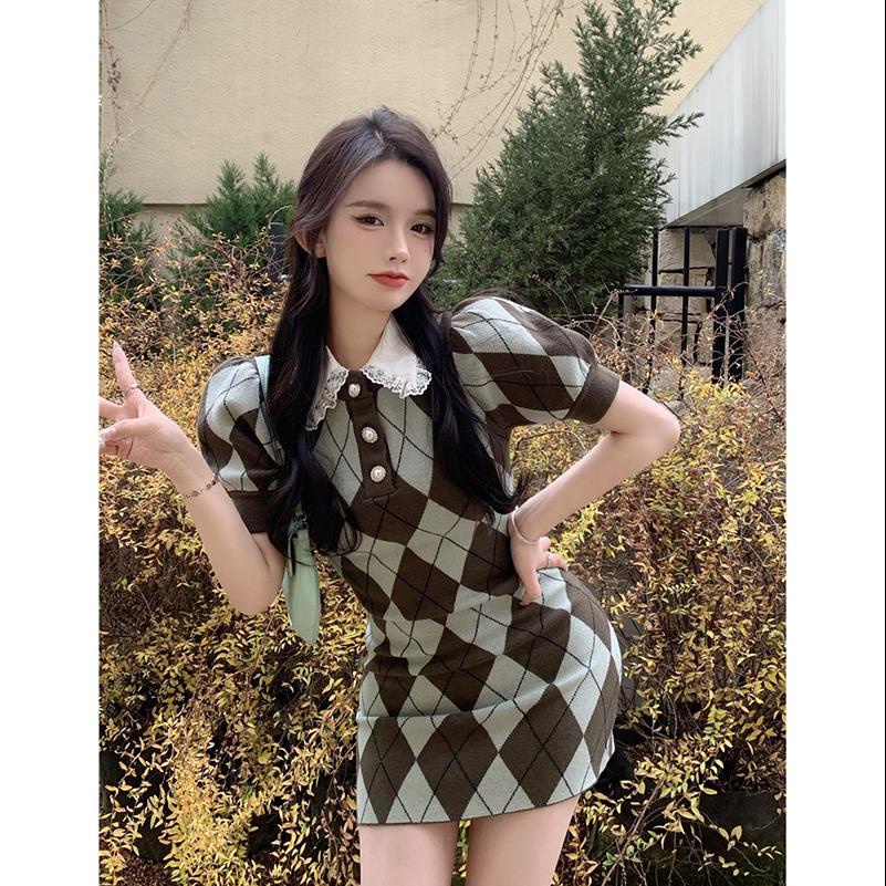 Gaun belah ketupat vintage Amerika wanita musim panas boneka kerah rok pendek gaun pinggul rok rajut